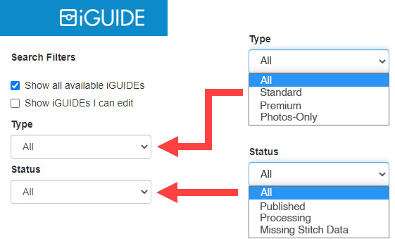 Filtri Type e Status di iGUIDE
